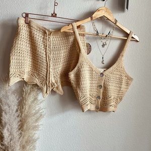 Two Piece Nude Beige Knit Shorts Set Medium